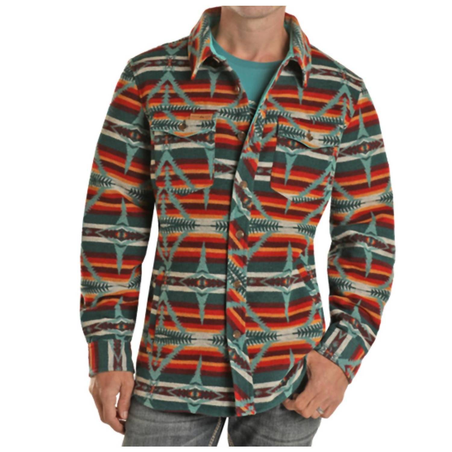 New Powder River Aztec Wool Blend Shirt Jacket In Teal/Multi